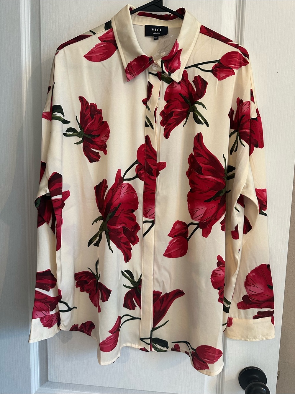VICI Cream Button-Up Shirt with Red Floral Print